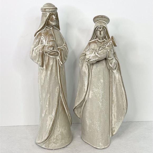 Treetops Glisten Other - Holy Family Earthenware Glazed Clay Nativity Figurines Set Of 2 Vintage